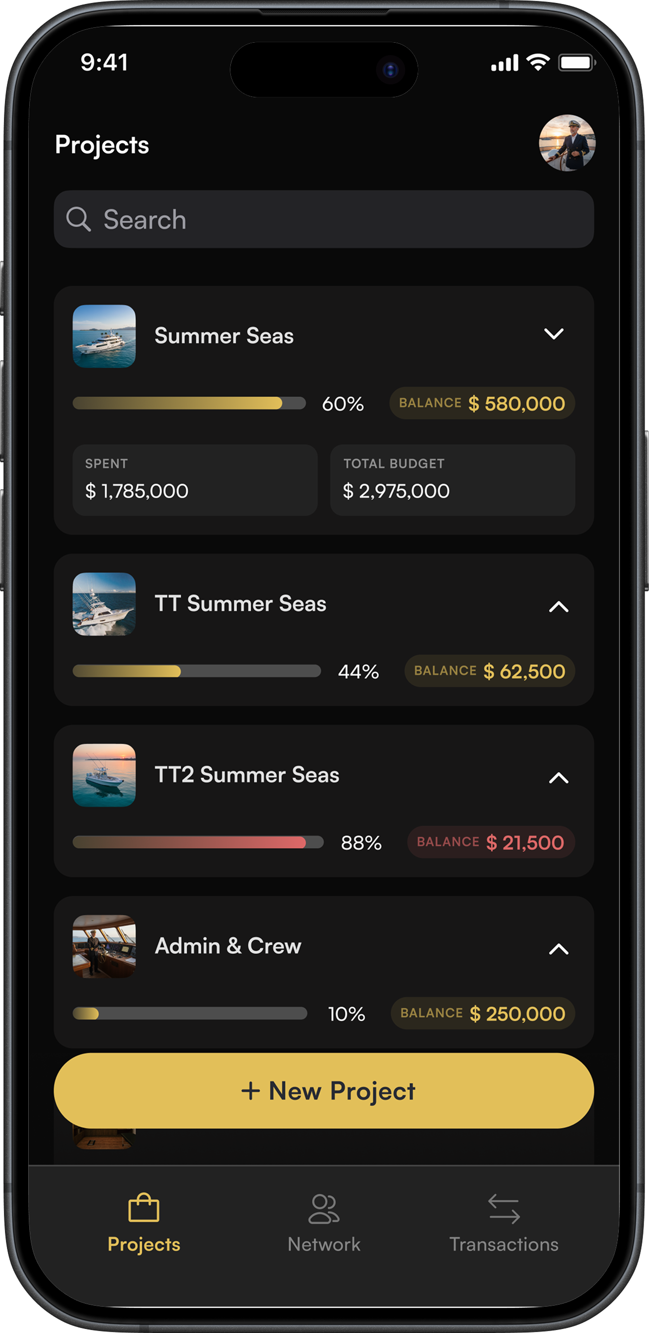 Asset Card Projects dashboard — the Summer Seas fleet on mobile